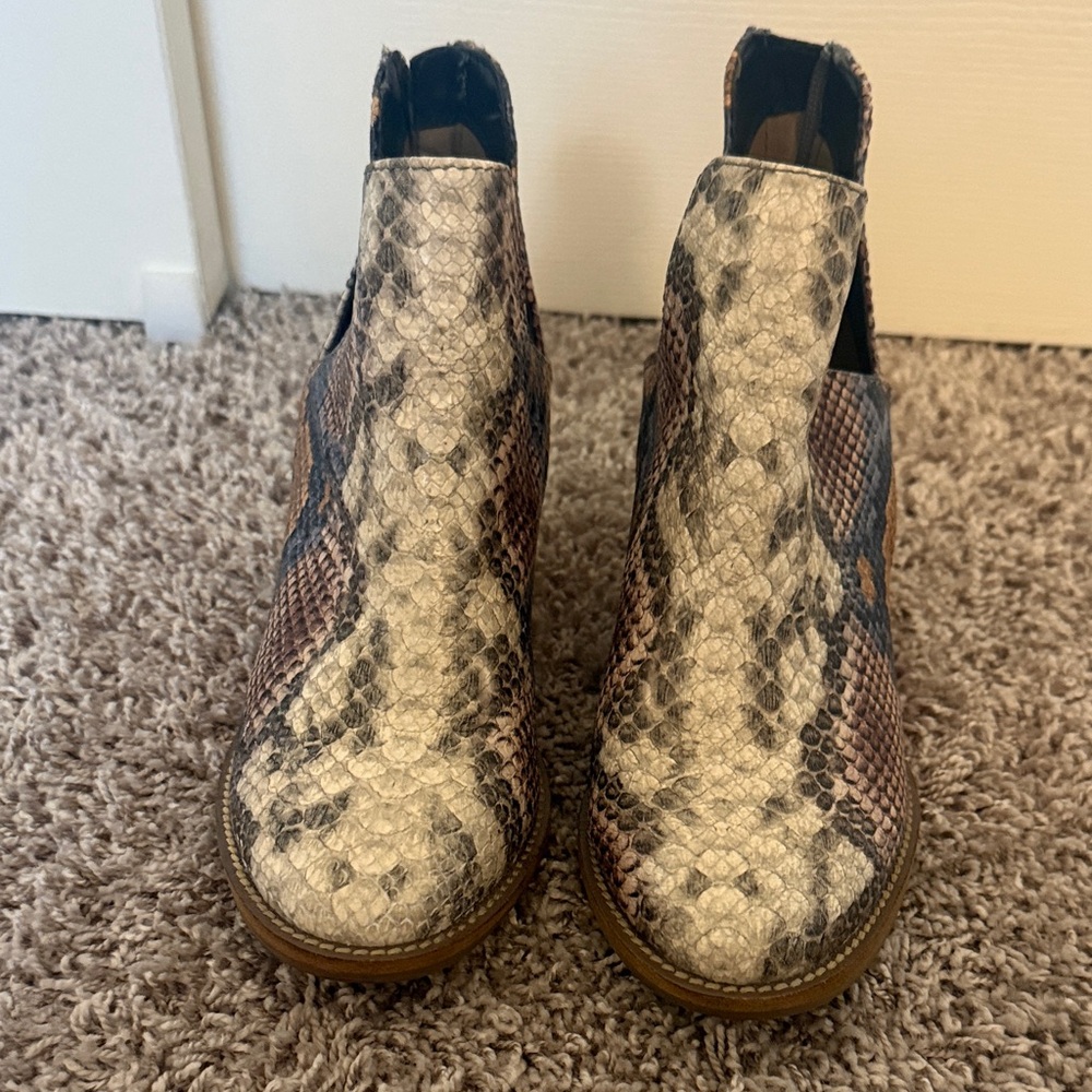 Blondo Snake-Print Chelsea Ankle Boots in Brown and Gray